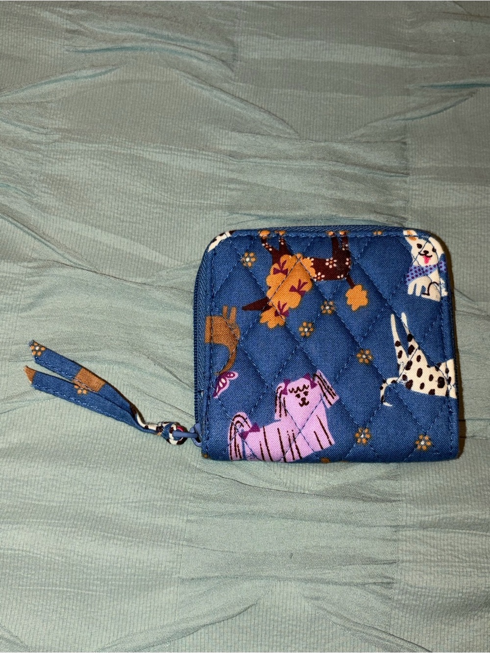 Vera Bradley Blue Quilted Zip Wallet with Playful Dog Pattern